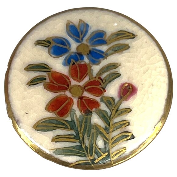Antique Japanese Satsuma Button 1 Inch Hand-Painted Floral Ceramic Self Shank - Picture 1 of 4